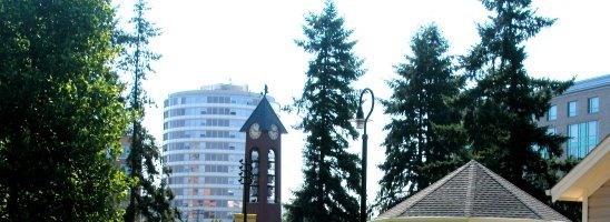 Smith Tower, Salmon Run Bell Tower and Glockenspiel, Gazebo, and Flowers